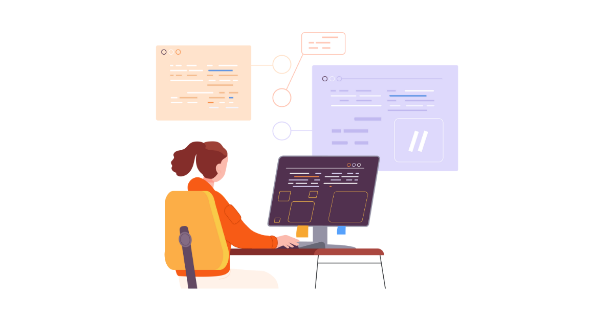 A cartoon of a female-presenting person seated at a desk with a large computer monitor. Various screens and UIs surround the desk and are on the screen itself.