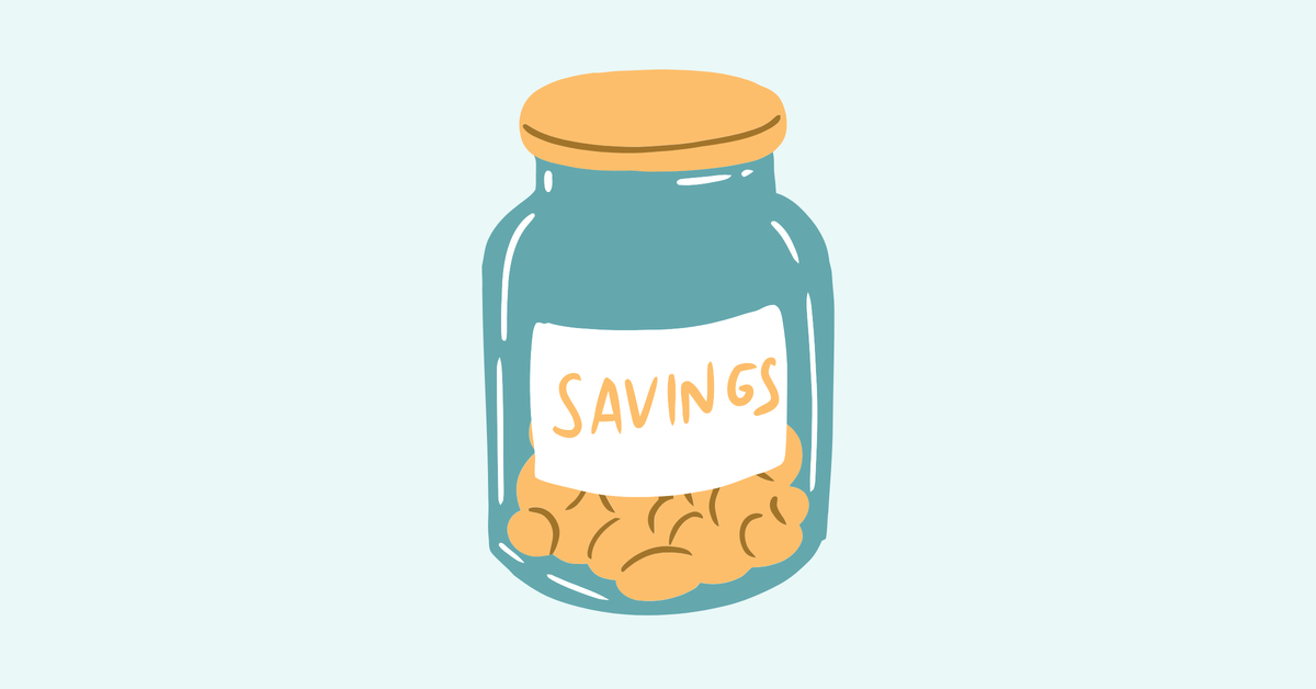 A graphic image of a jar with coins in it and the label "savings."