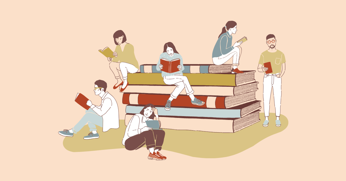 A group of illustrated people sit atop a larger-than-life pile of books, each holding their own regular-sized book in their hands in various stages of reading.