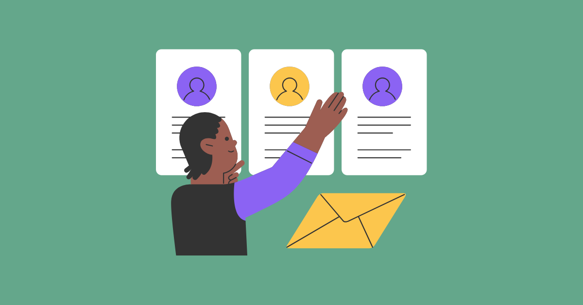 A single illustrated figure stands in front of three stylized resumes with a fourth incoming in an envelope, choosing between all of them on a green background.