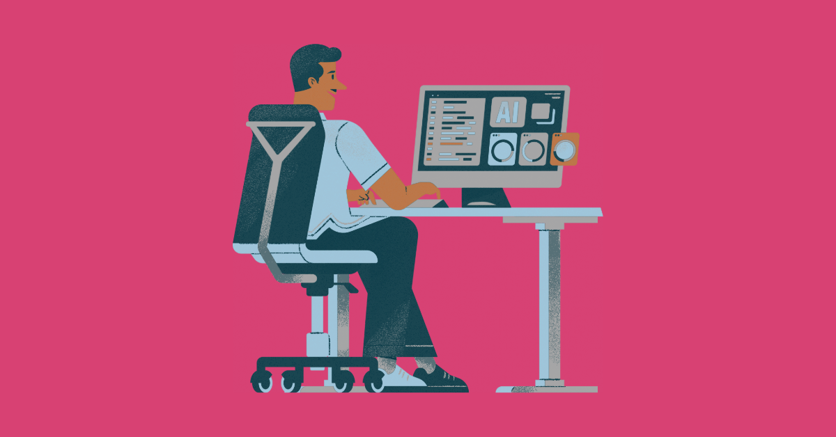 A stylized figure sits in a desk chair at a desk with a large monitor, illustrated with 'AI' and several dashboards on a magenta background.