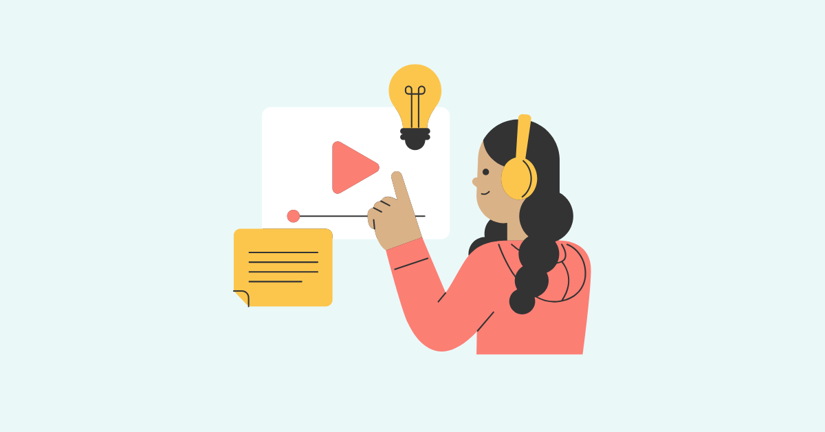 A stylized figure stands pointing at a floating screen with a play button, wearing headphones. A sticky note and lightbulb also hover around the frame of the screen.