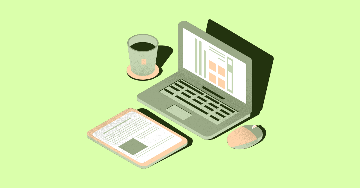 An illustrated laptop sits open on a lime green background with a mouse, a mug of tea, and a tablet. All devices show some kind of data representation.