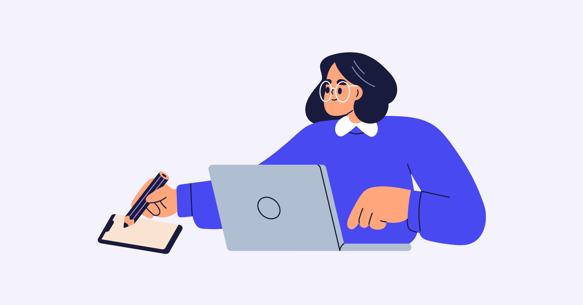 Cartoon image of a woman in front of a computer, writing in a notepad with a pencil