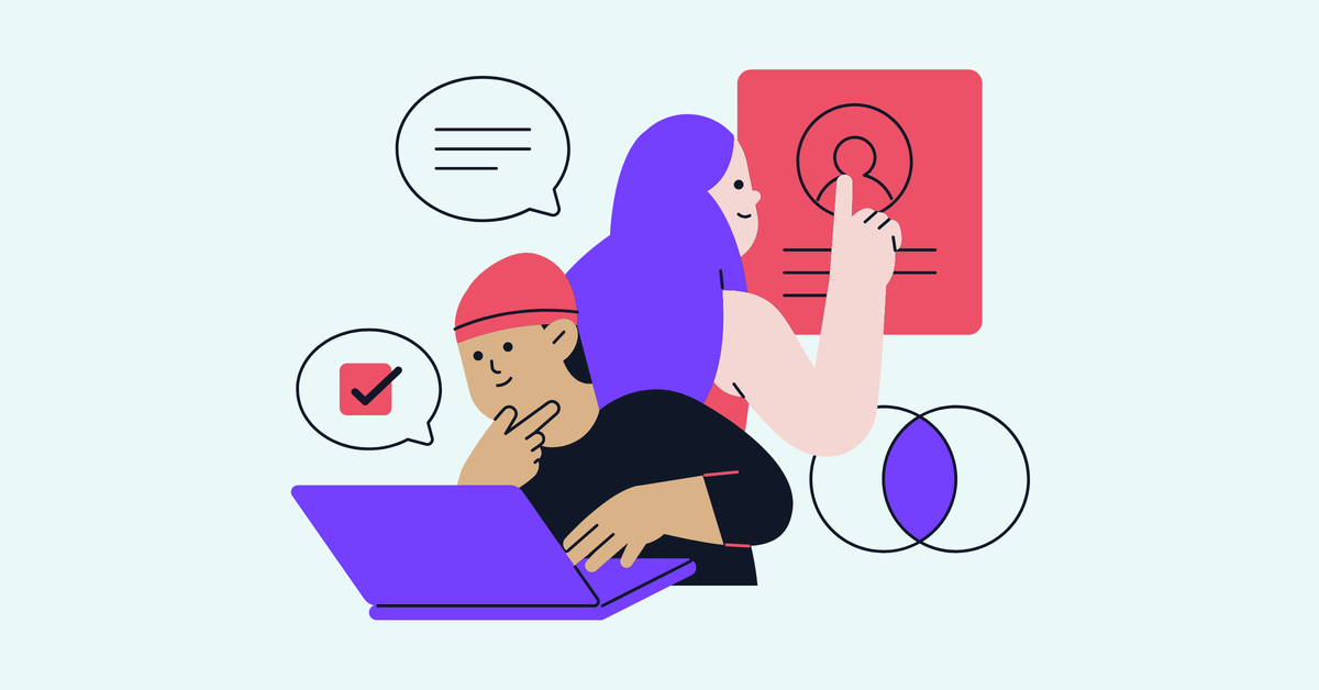 Cartoon professional typing on a computer next to another professional tapping a profile on a touch screen.