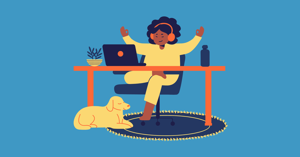 Cartoon woman working from her desk at home with her hands in the air as if she's meditating