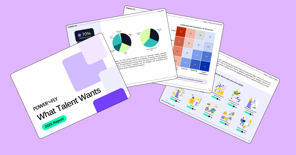 Four screenshots of pages from PowerToFly's What Talent Wants report on a lavender background.