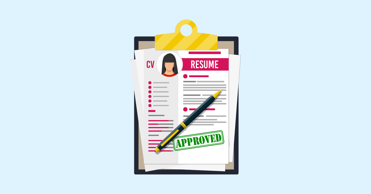 Graphic image of a clipboard with a resume clipped in and a pen on top. The resume has been stamped with the word "approved."