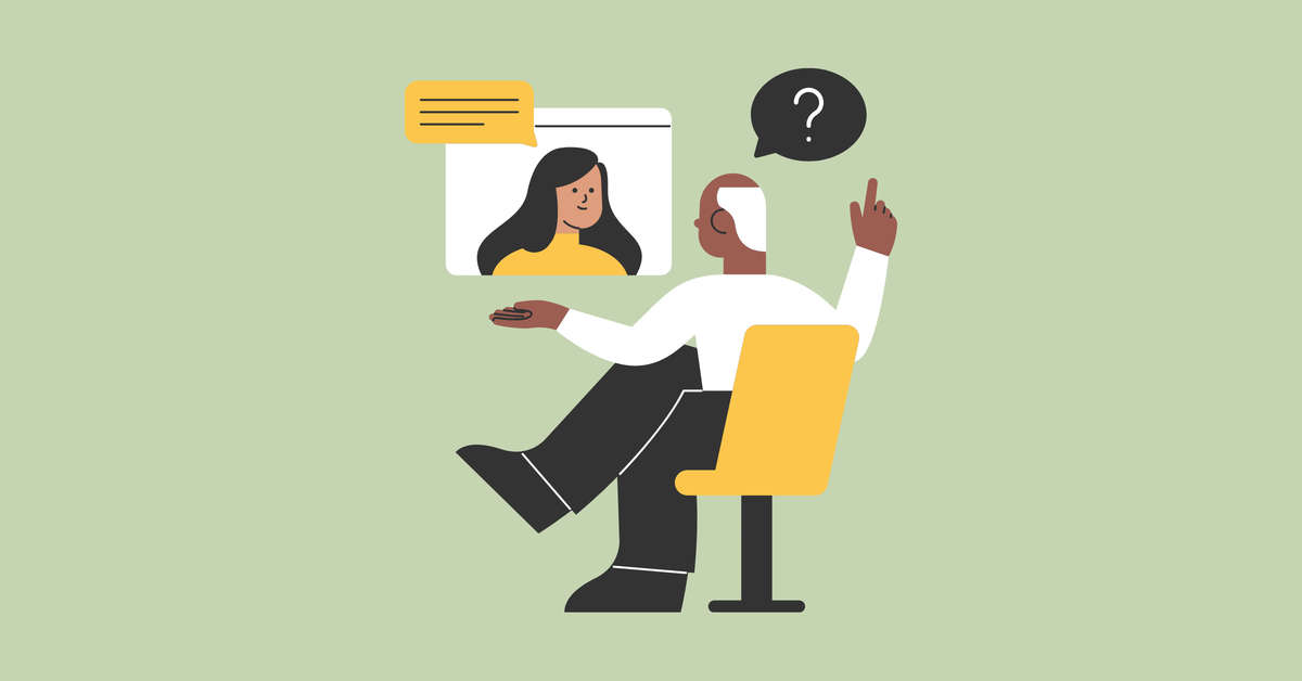 Graphic image of a man in an office chair speaking with a woman on a computer screen