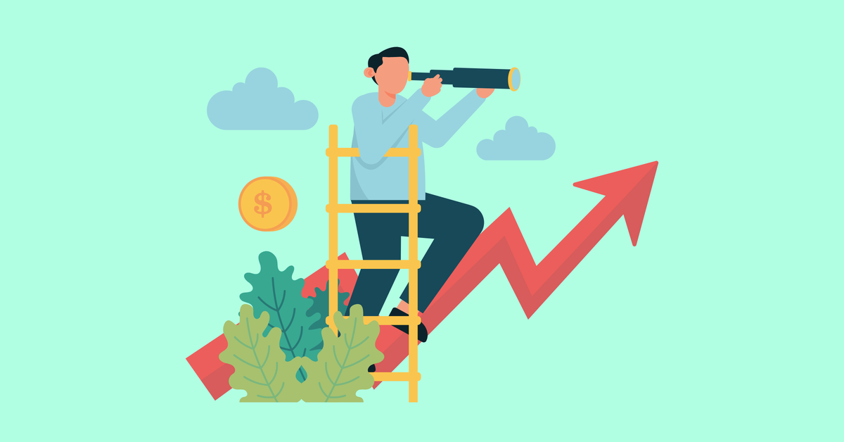 Graphic image of a person climbing a ladder and looking into the future with a telescope.