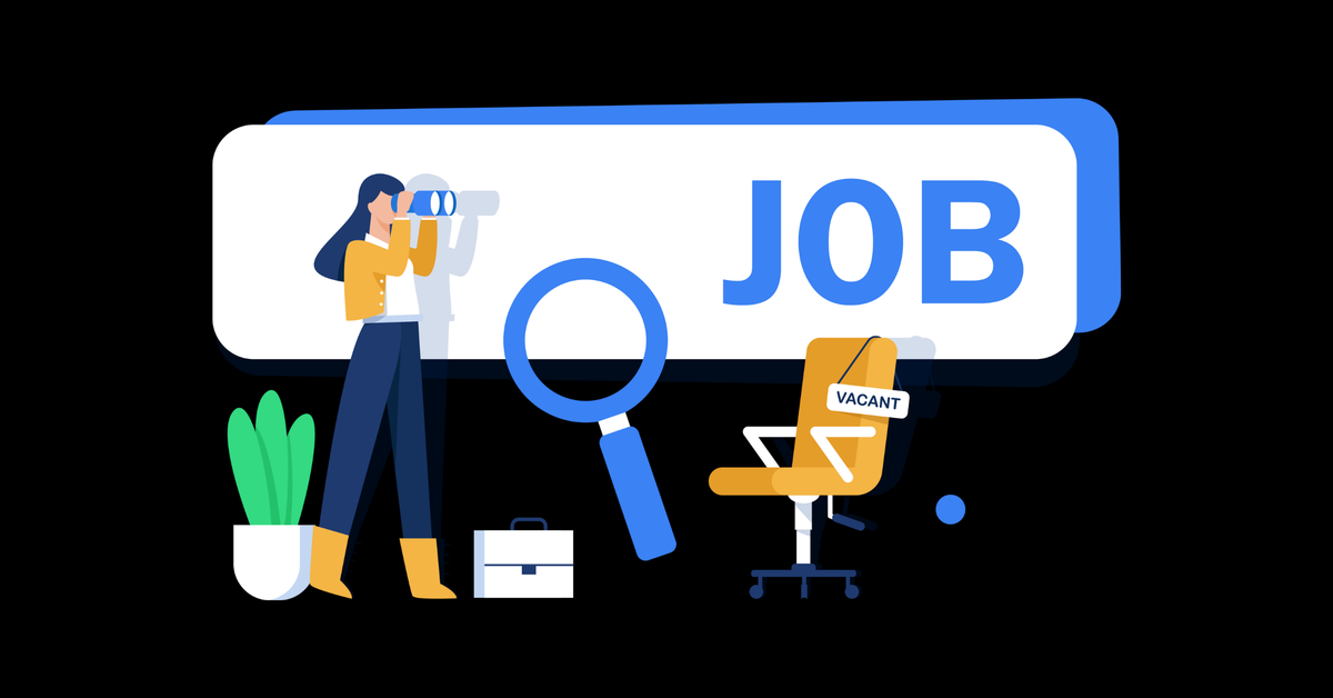 Graphic image of a woman looking through binoculars toward a blurb that says "JOB." She's surrounded by office icons, like a office chair, plant, and briefcase. 