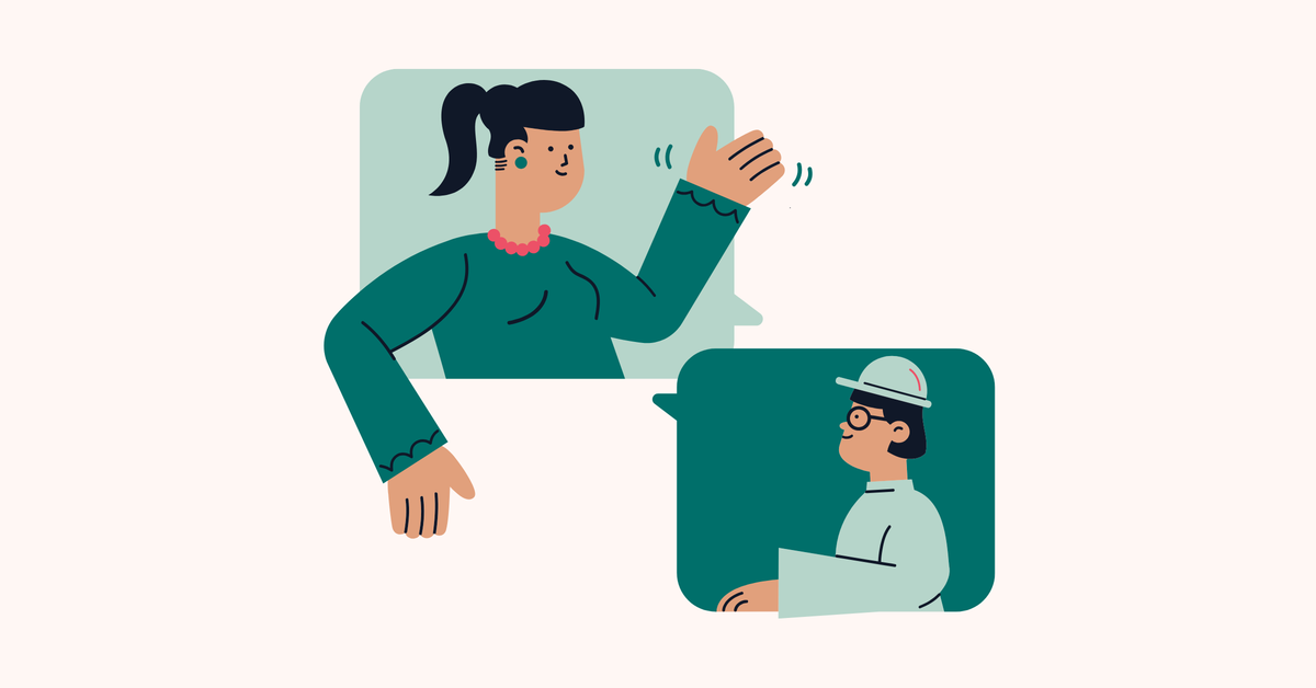 Graphic image of two professionals talking to each other. Each one is placed inside of a dialogue bubble.