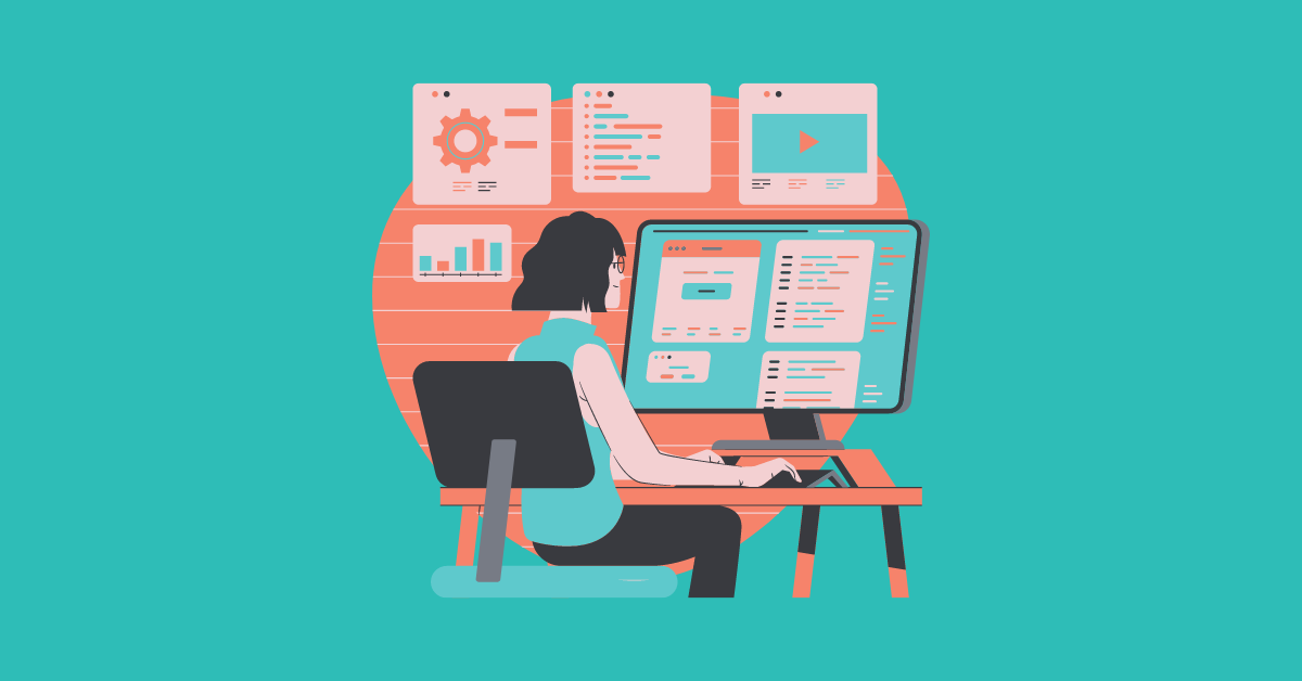 Green background with a person working in the computer with multiple screens.