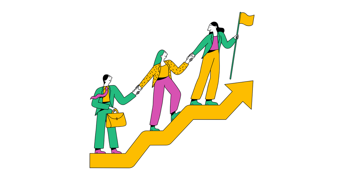 Three cartoon people holding hands