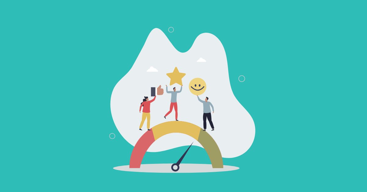 Three engaged employees illustration: one with thumbs up, another with a gold star, and one with a happy face.