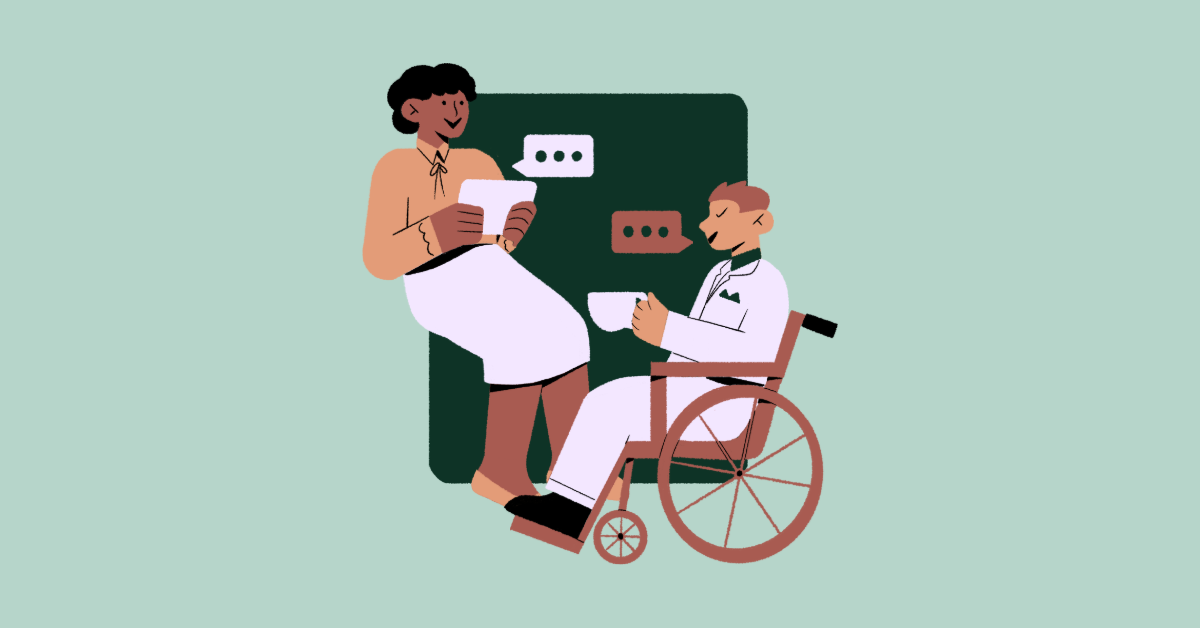 Two illustrated people sit talking, one in a wheelchair, one perched on a desk with a tablet, on a light green background.